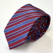 Load image into Gallery viewer, Red Twill With Blue And White Stripes Silk Tie – Skinny 70mm