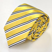 Load image into Gallery viewer, Yellow Twill With Black And White Stripes Silk Tie – Skinny 75mm
