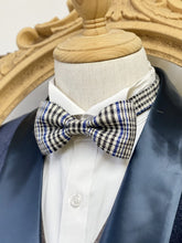 Load image into Gallery viewer, White England Tartan With Blue and Black Stripes Bow Tie