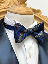 Load image into Gallery viewer, Blue Regimental With Yellow And White Stripes Classic Bow Tie