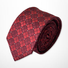 Load image into Gallery viewer, Red Geometric With Dark Red Squares And White Pin Dots Silk Tie – Skinny 60mm