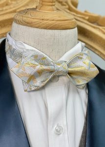 Japan Nishijin Collection – Floral White And Gold Wire Pointed Bow Tie