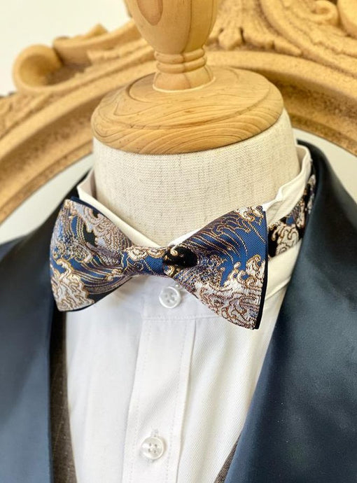 Japan Nishijin Collection – Blue Surf Gold Wire Bow Tie I