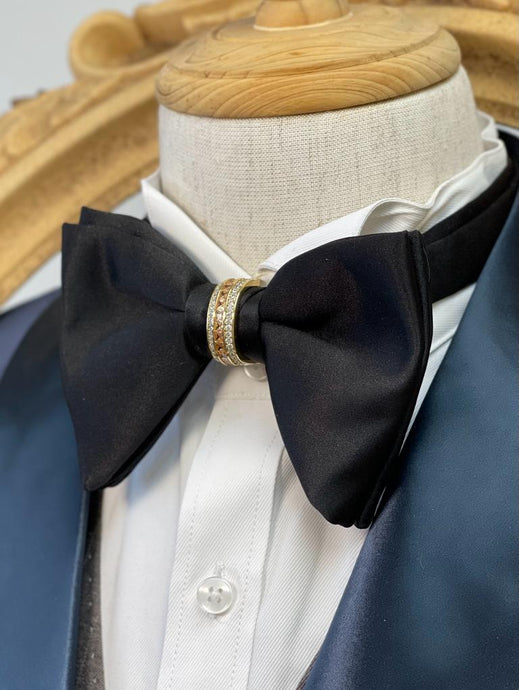 Pure Black Swallow Tail With Gold Crystal Ring Bow Tie