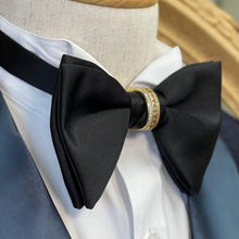 Load image into Gallery viewer, Pure Black Swallow Tail With Gold Crystal Ring Bow Tie