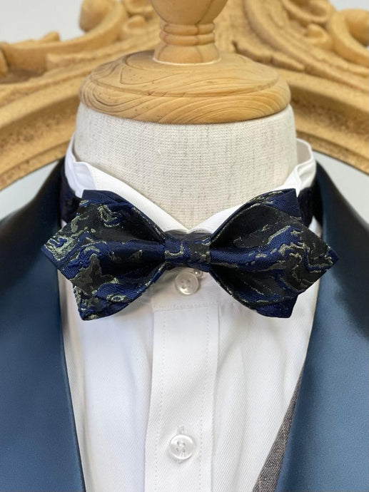 Shining Silver Navy Pointed Bow Tie
