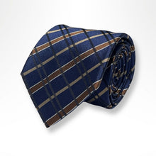 Load image into Gallery viewer, Navy Tartan With Brown Stripes Silk Tie – Regular 80mm