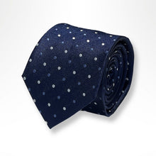 Load image into Gallery viewer, Navy Dot Oblique Silk Tie – Skinny 70mm