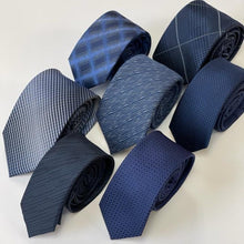 Load image into Gallery viewer, Navy Grid with White Line Silk Tie – Skinny 70mm