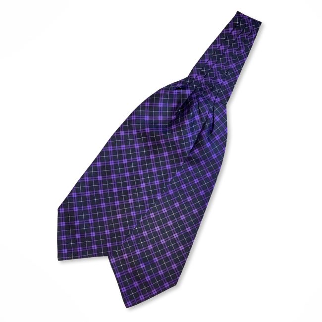 Purple Tartan With Grey And White Stripes Printed Silk Cravat