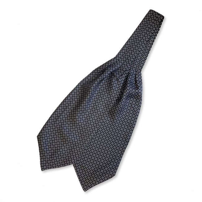 Black Geometric With Grey Circles And White Pin Dots Printed Silk Cravat