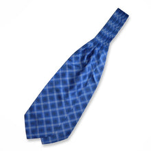 Load image into Gallery viewer, Navy Tartan With Blue Squares And White Stripes Printed Silk Cravat