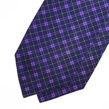 Load image into Gallery viewer, Purple Tartan With Grey And White Stripes Printed Silk Cravat