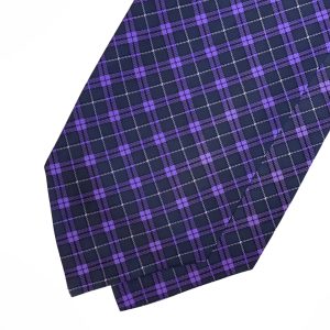 Purple Tartan With Grey And White Stripes Printed Silk Cravat