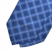 Load image into Gallery viewer, Navy Tartan With Blue Squares And White Stripes Printed Silk Cravat