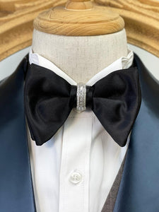 Pure Black Swallow Tail With Crystal Ring Bow Tie